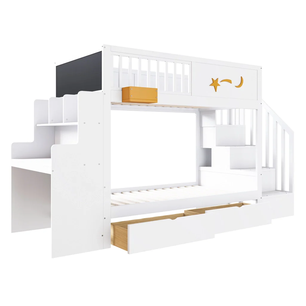 Letto a castello per bambini 90 x 200 cm bianco legno massiccio di pino cassetti scale di sicurezza scrivania e motivo a stella - Image 5