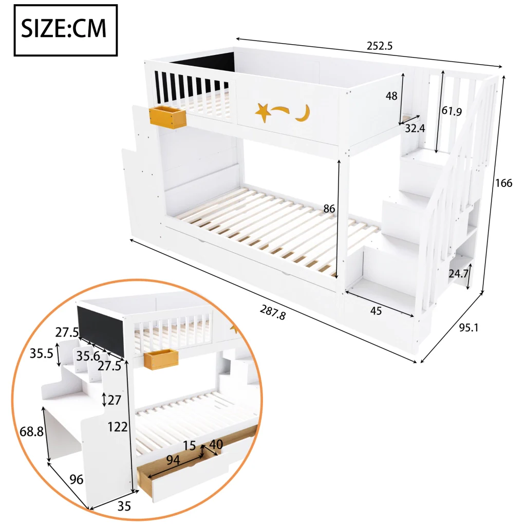 Letto a castello per bambini 90 x 200 cm bianco legno massiccio di pino cassetti scale di sicurezza scrivania e motivo a stella - Image 6