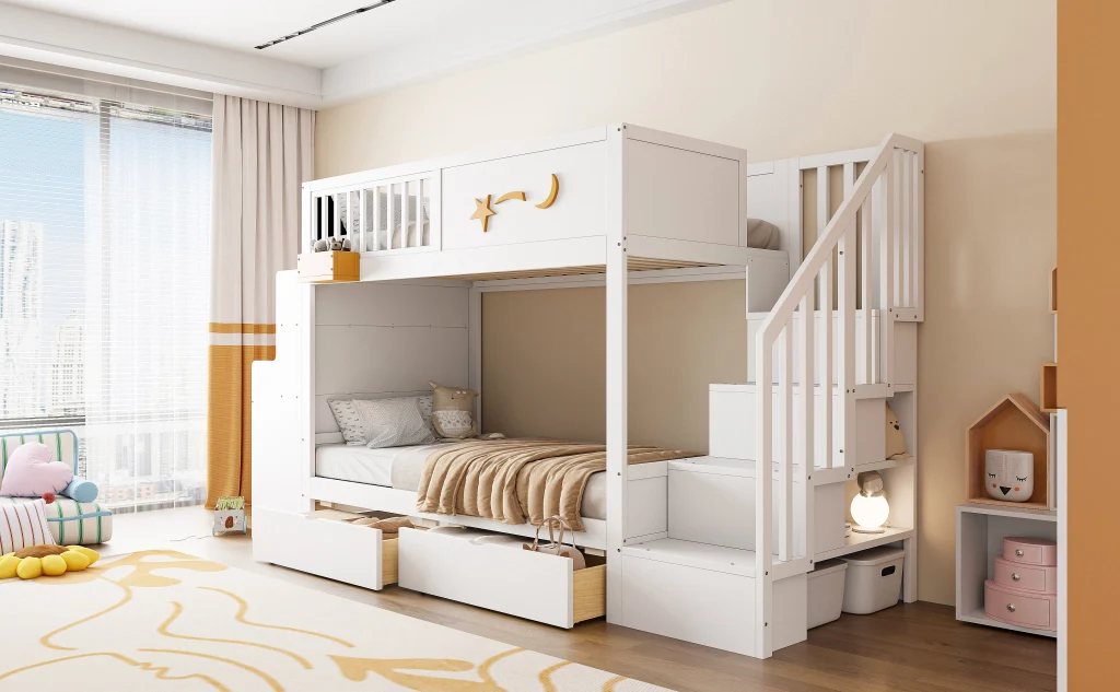 Letto a castello per bambini 90 x 200 cm bianco legno massiccio di pino cassetti scale di sicurezza scrivania e motivo a stella - Image 7