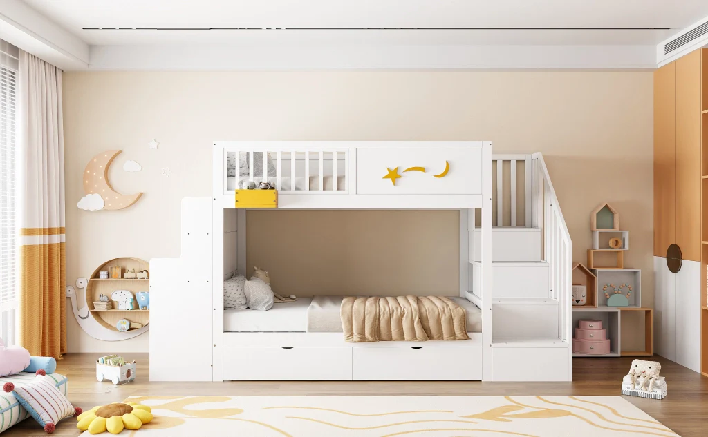 Letto a castello per bambini 90 x 200 cm bianco legno massiccio di pino cassetti scale di sicurezza scrivania e motivo a stella - Image 9