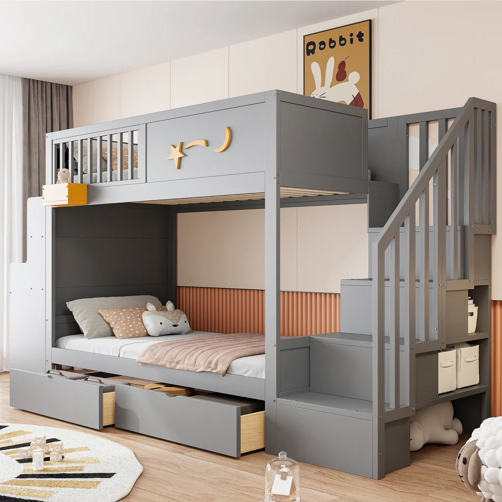 Letto a castello per bambini 90 x 200 cm grigio pino massiccio cassetti per riporre scale sicure scrivania e motivo a stella