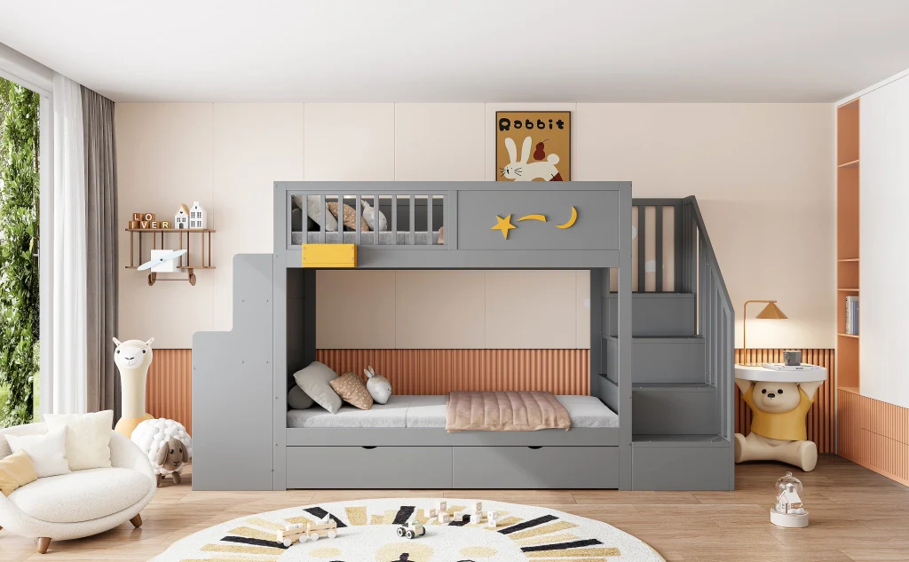 Letto a castello per bambini 90 x 200 cm grigio pino massiccio cassetti per riporre scale sicure scrivania e motivo a stella - Image 10