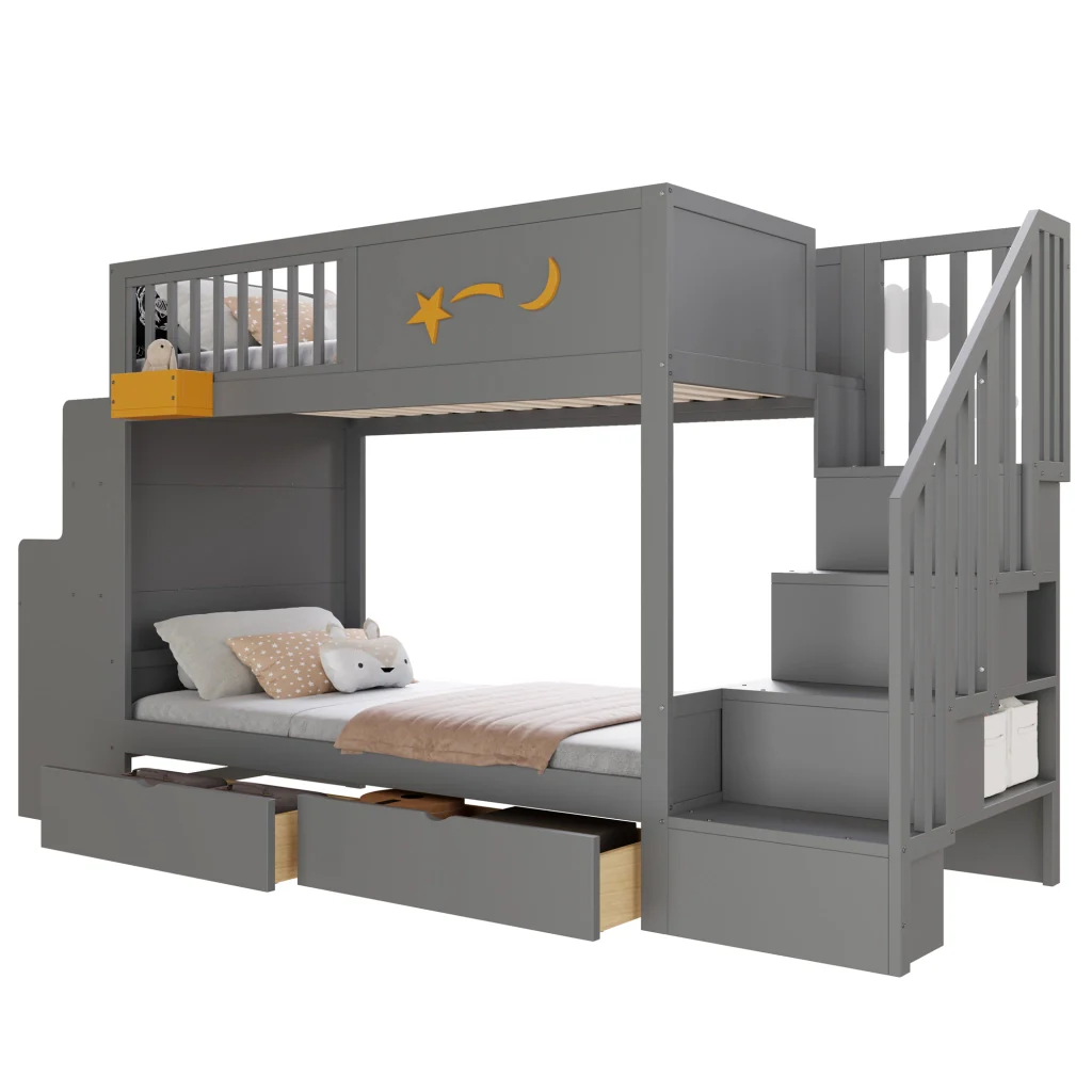 Letto a castello per bambini 90 x 200 cm grigio pino massiccio cassetti per riporre scale sicure scrivania e motivo a stella - Image 5