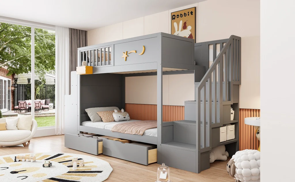 Letto a castello per bambini 90 x 200 cm grigio pino massiccio cassetti per riporre scale sicure scrivania e motivo a stella - Image 8
