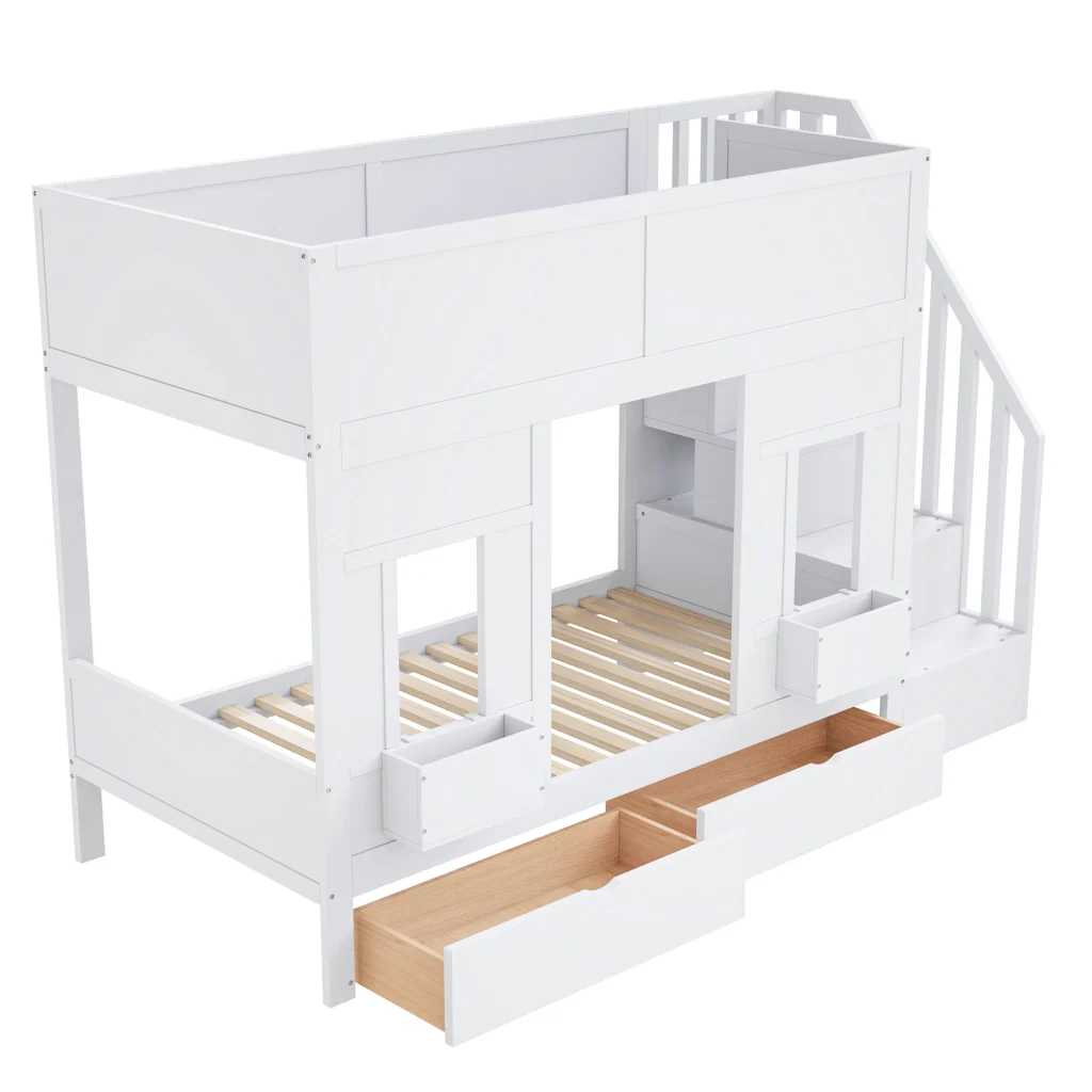 Letto a castello per bambini 90x200 con scale e cassetti letto a soppalco con finestre legno corrimano di sicurezza risparmio spazio per i bambini - Image 4