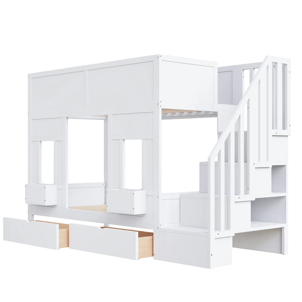 Letto a castello per bambini 90x200 con scale e cassetti letto a soppalco con finestre legno corrimano di sicurezza risparmio spazio per i bambini - Image 7