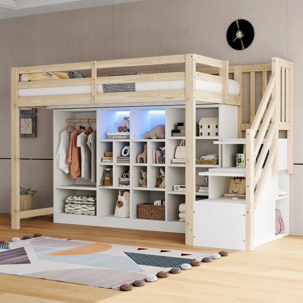 Letto a soppalco 90 x 200 cm colore legno armadi per riporre armadio LED scala laterale integrata con spazio di deposito