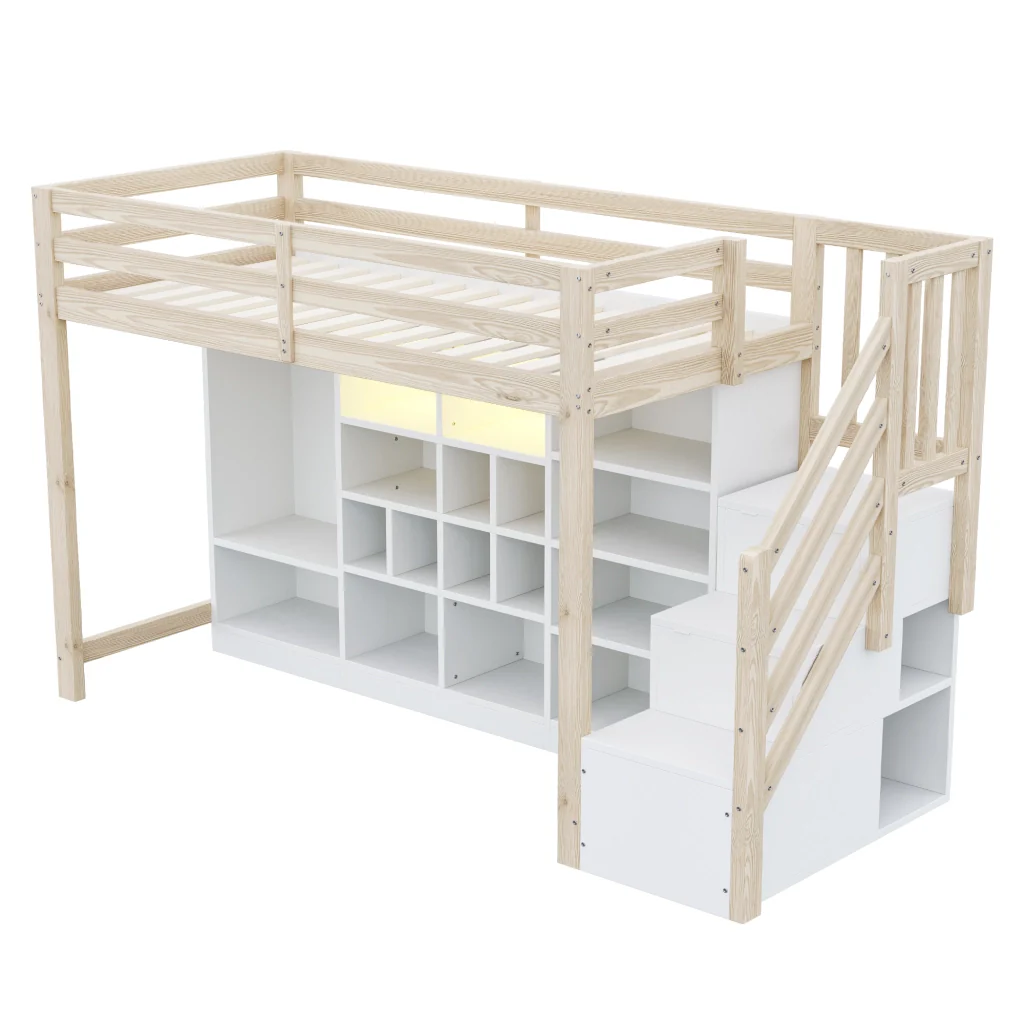 Letto a soppalco 90 x 200 cm colore legno armadi per riporre armadio LED scala laterale integrata con spazio di deposito - Image 10