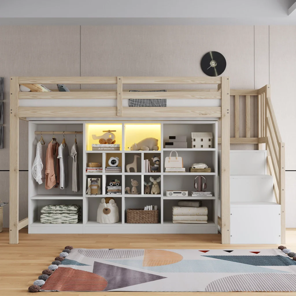 Letto a soppalco 90 x 200 cm colore legno armadi per riporre armadio LED scala laterale integrata con spazio di deposito - Image 2