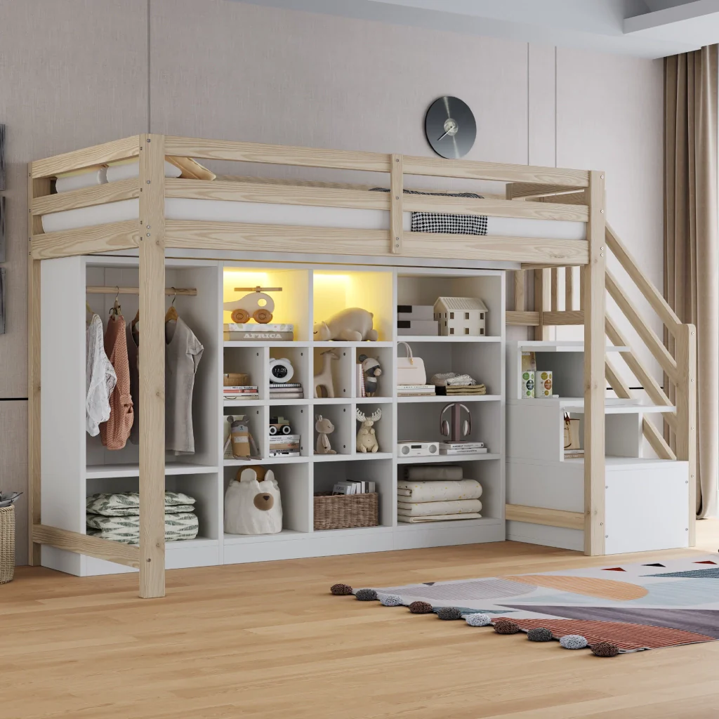 Letto a soppalco 90 x 200 cm colore legno armadi per riporre armadio LED scala laterale integrata con spazio di deposito - Image 3
