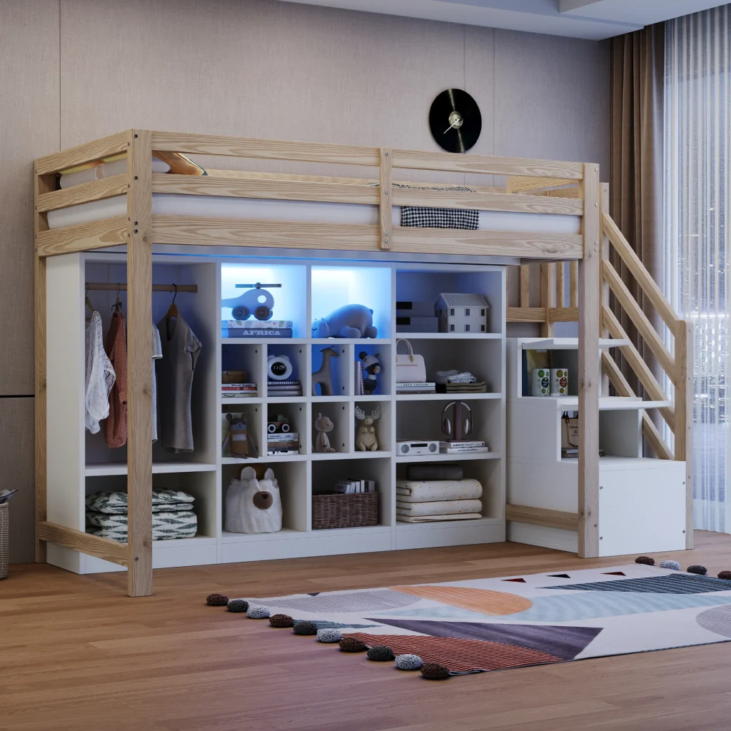 Letto a soppalco 90 x 200 cm colore legno armadi per riporre armadio LED scala laterale integrata con spazio di deposito - Image 4
