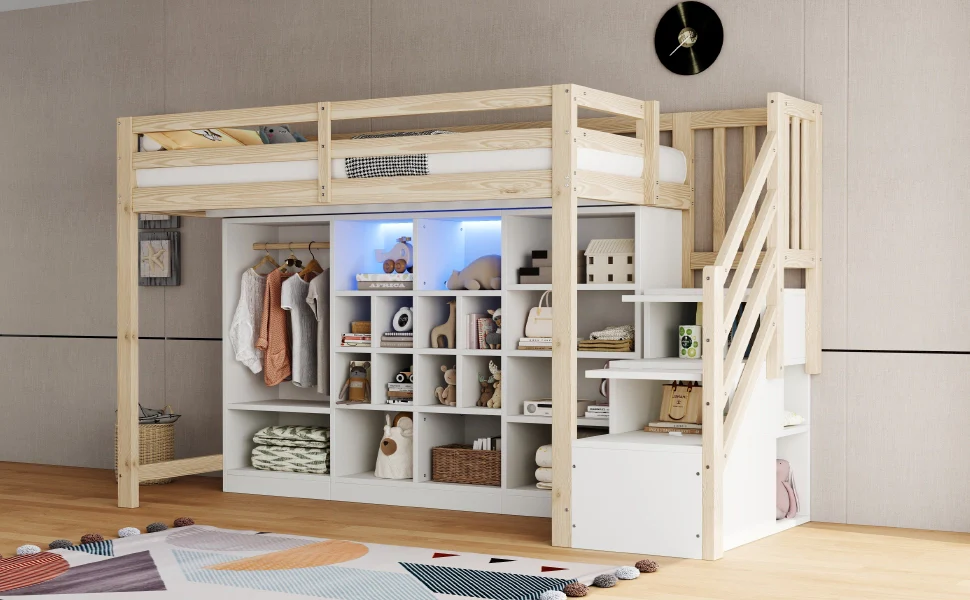 Letto a soppalco 90 x 200 cm colore legno armadi per riporre armadio LED scala laterale integrata con spazio di deposito - Image 6