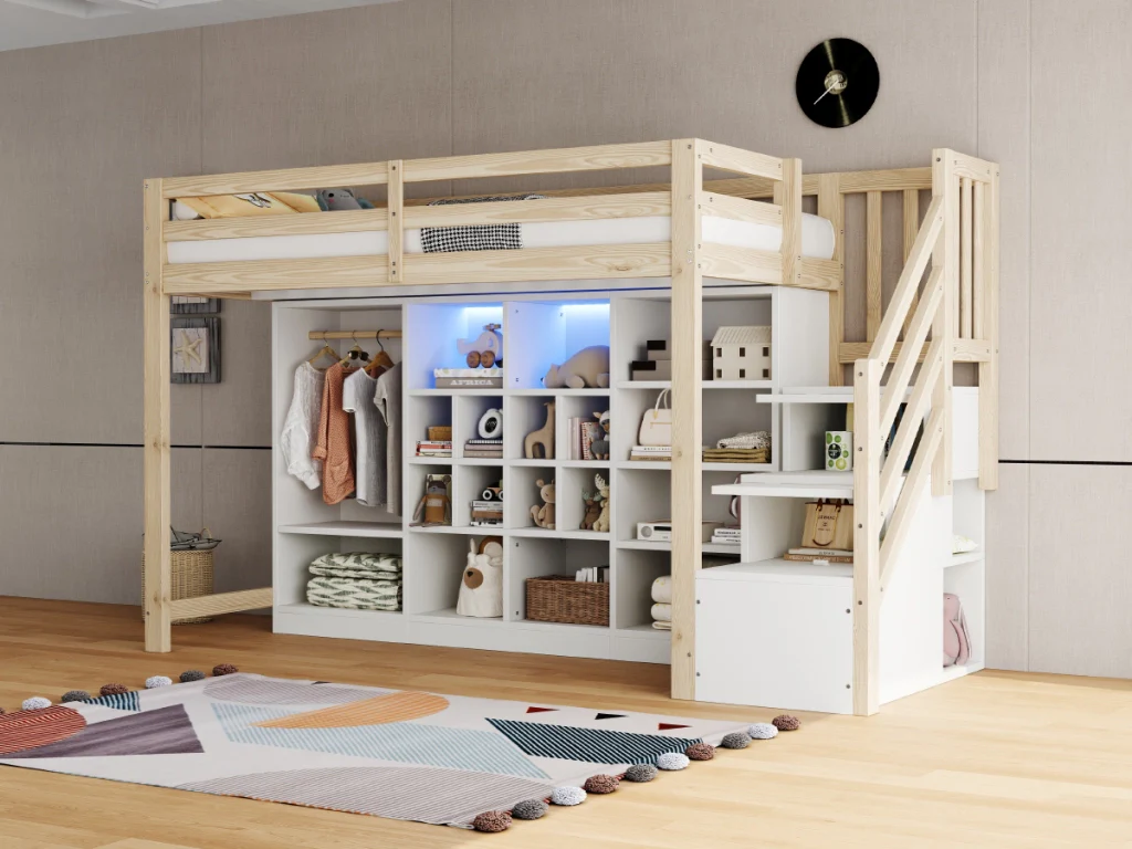 Letto a soppalco 90 x 200 cm colore legno armadi per riporre armadio LED scala laterale integrata con spazio di deposito - Image 7