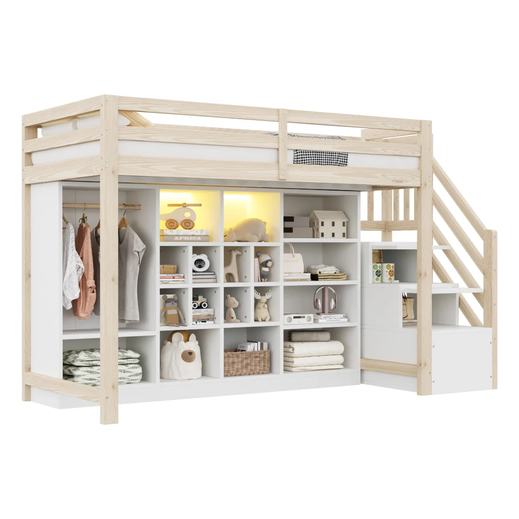 Letto a soppalco 90 x 200 cm colore legno armadi per riporre armadio LED scala laterale integrata con spazio di deposito - Image 9