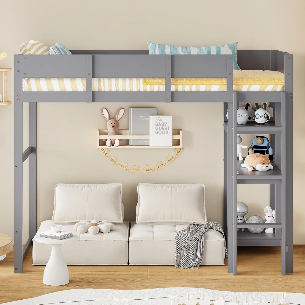 Letto a soppalco 90 x 200 cm grigio legno di pino massiccio struttura a listelle per bambini e adolescenti - Image 2