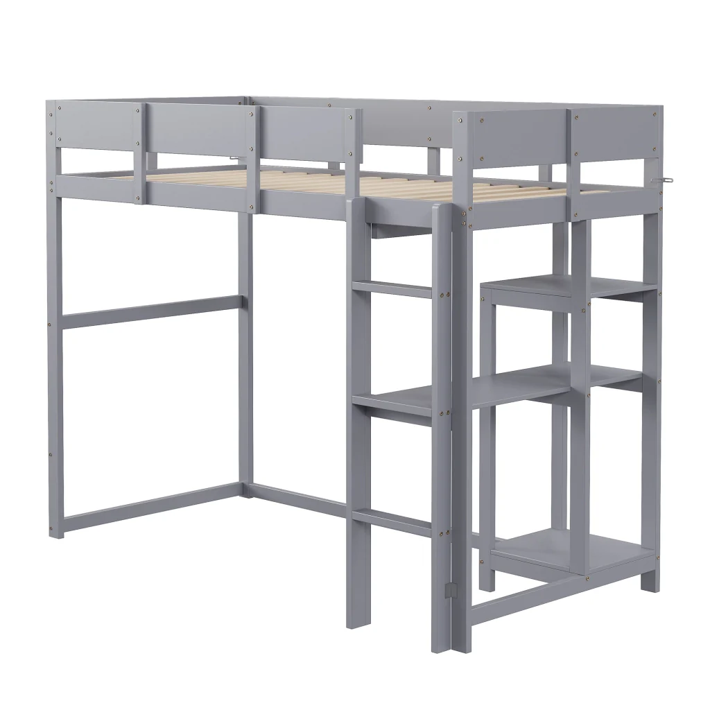 Letto a soppalco 90 x 200 cm grigio legno di pino massiccio struttura a listelle per bambini e adolescenti - Image 3