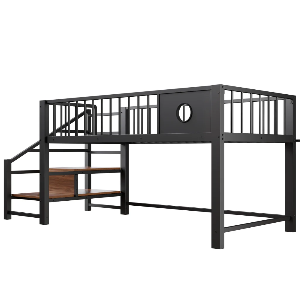 Letto a soppalco basso 90 x 200 cm nero telaio metallico scala di deposito per bambini e giovani - Image 10