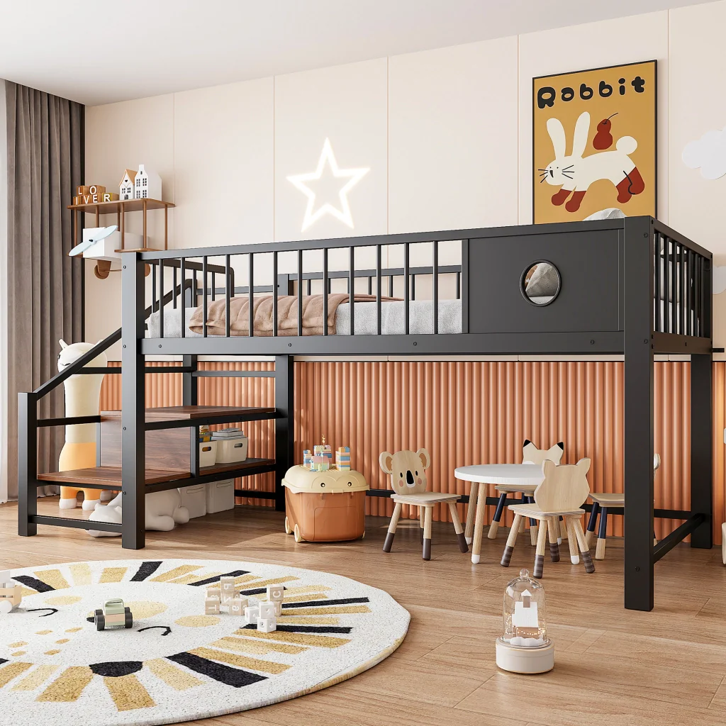 Letto a soppalco basso 90 x 200 cm nero telaio metallico scala di deposito per bambini e giovani - Image 2