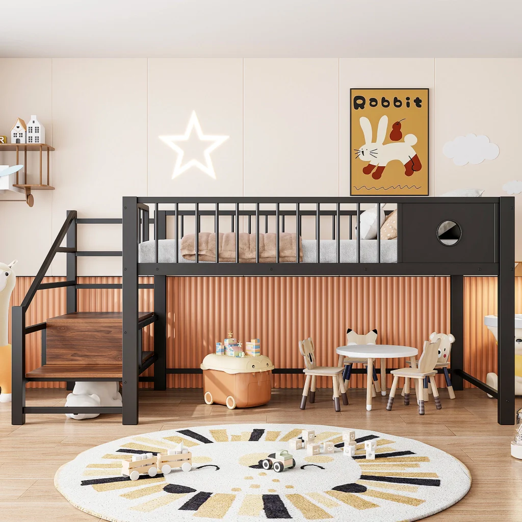 Letto a soppalco basso 90 x 200 cm nero telaio metallico scala di deposito per bambini e giovani - Image 3