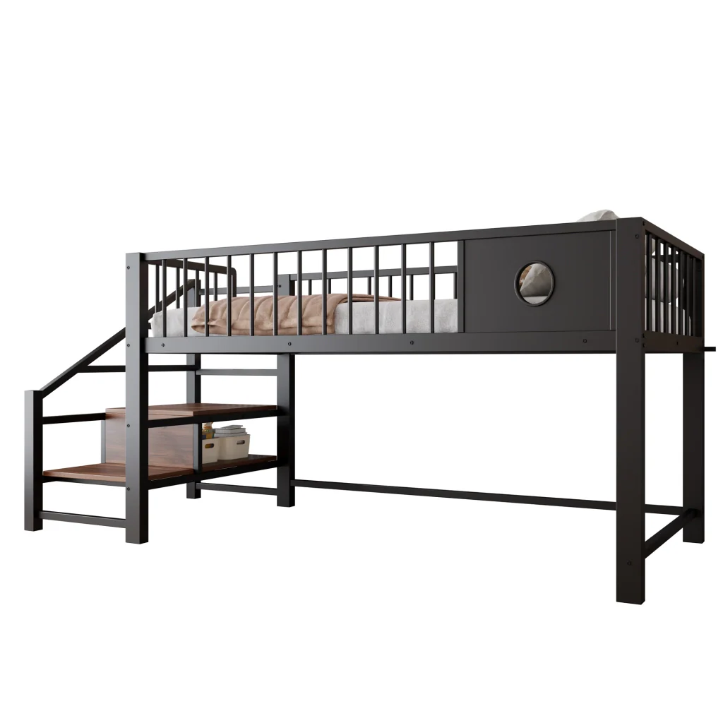 Letto a soppalco basso 90 x 200 cm nero telaio metallico scala di deposito per bambini e giovani - Image 4