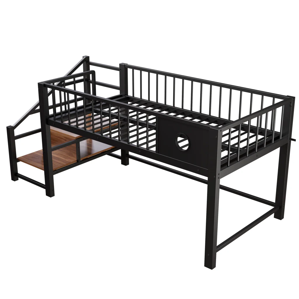 Letto a soppalco basso 90 x 200 cm nero telaio metallico scala di deposito per bambini e giovani - Image 5