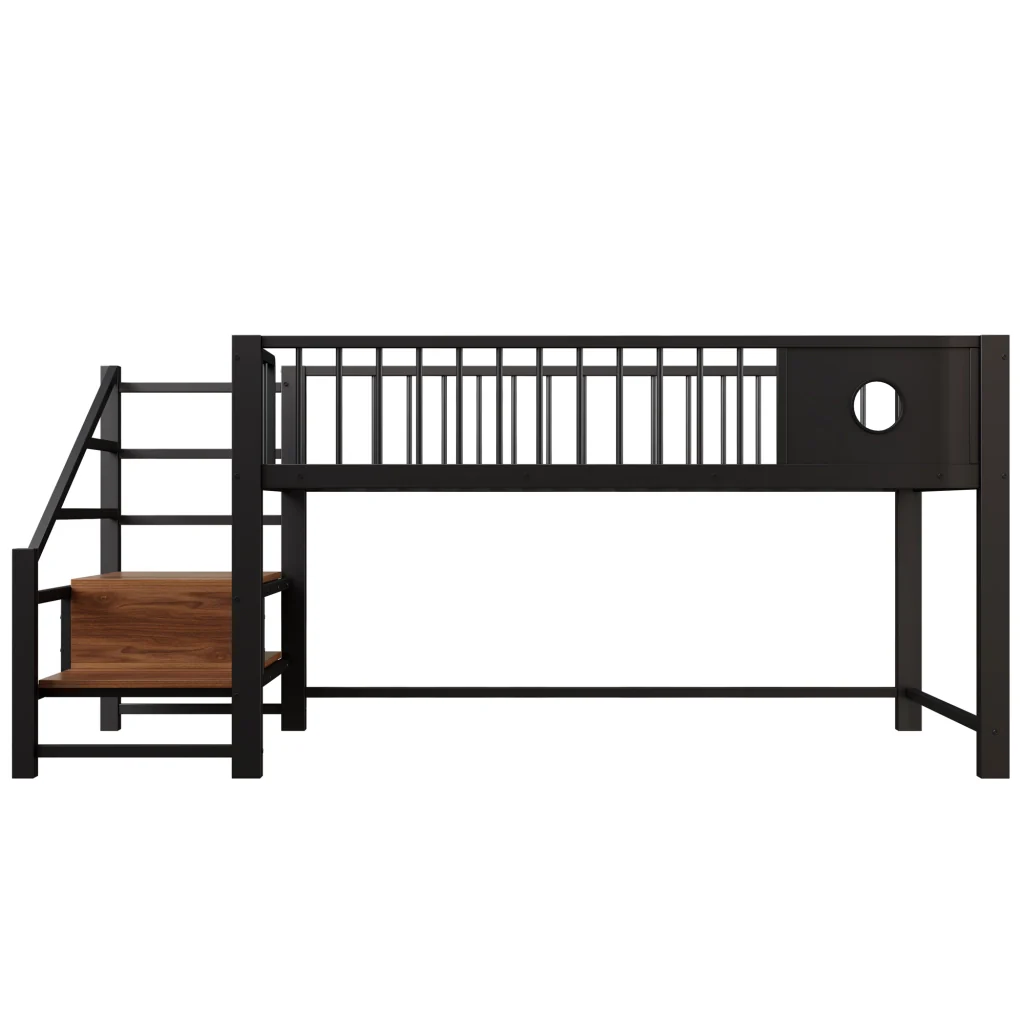 Letto a soppalco basso 90 x 200 cm nero telaio metallico scala di deposito per bambini e giovani - Image 9