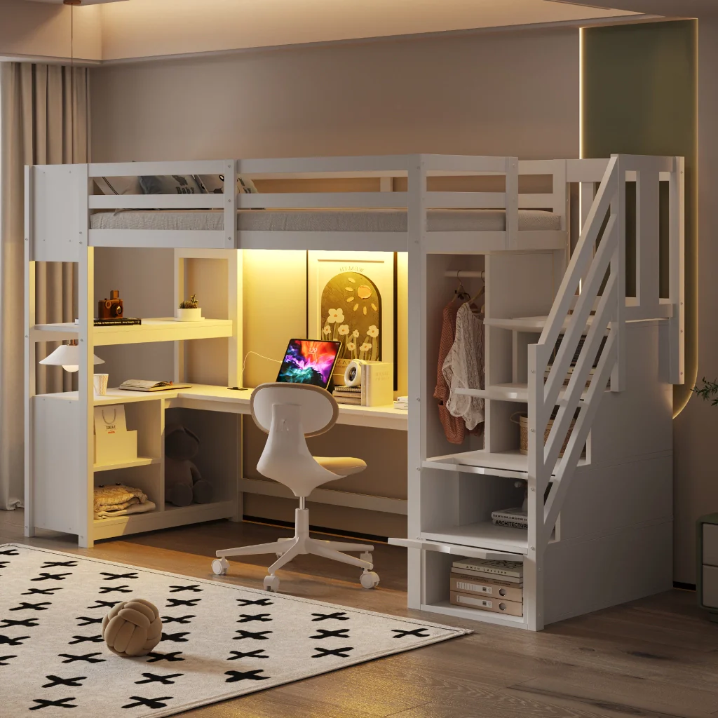 Letto a soppalco in legno 90 × 200 cm bianco armadio scrivania deposito scala con cassetti prese europee e LED - Image 2