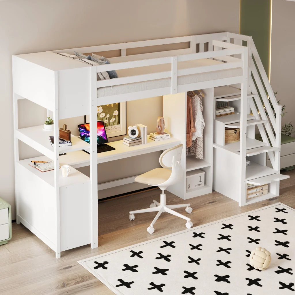 Letto a soppalco in legno 90 × 200 cm bianco armadio scrivania deposito scala con cassetti prese europee e LED - Image 3