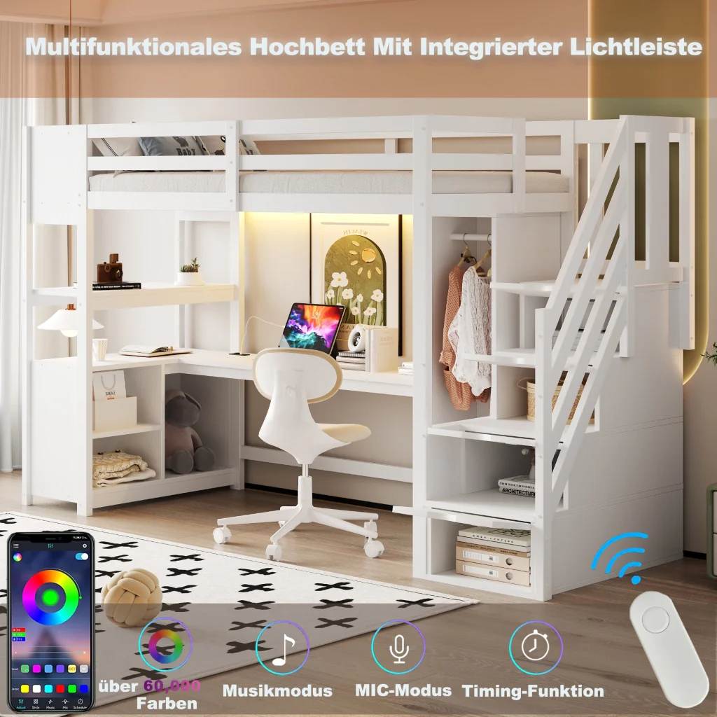 Letto a soppalco in legno 90 × 200 cm bianco armadio scrivania deposito scala con cassetti prese europee e LED - Image 5