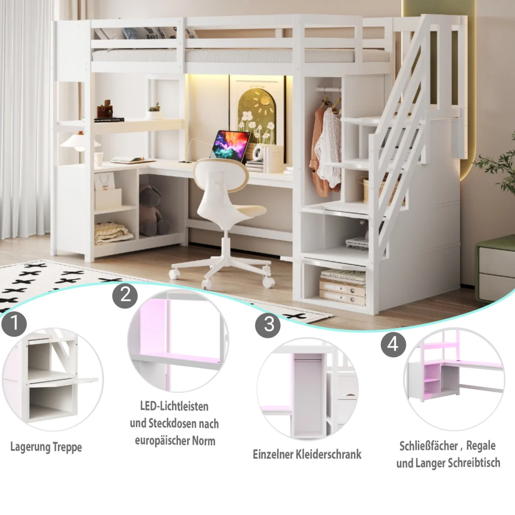 Letto a soppalco in legno 90 × 200 cm bianco armadio scrivania deposito scala con cassetti prese europee e LED - Image 6