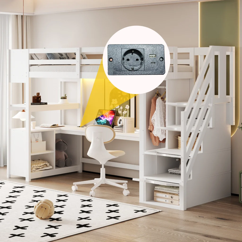 Letto a soppalco in legno 90 × 200 cm bianco armadio scrivania deposito scala con cassetti prese europee e LED - Image 7
