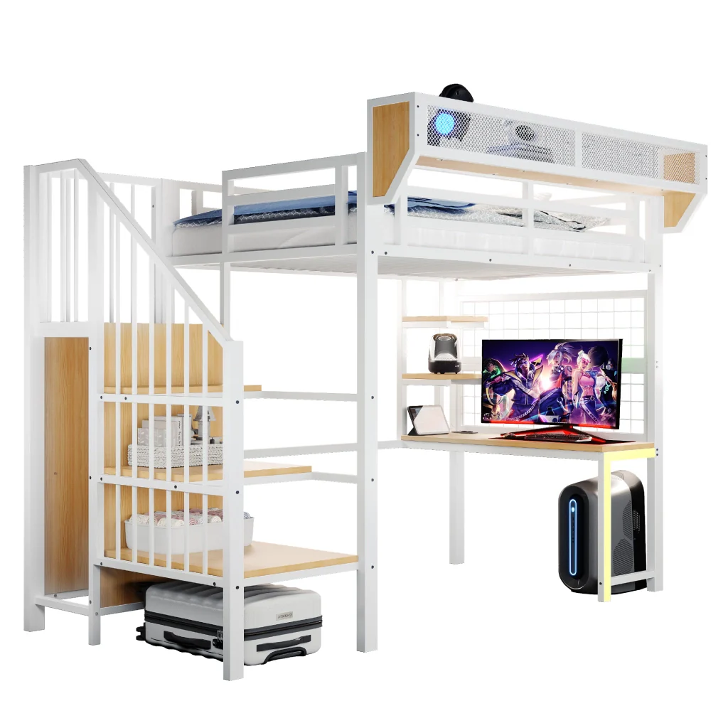 Letto a soppalco in metallo 90 × 200 cm bianco scrivania scaffale ripostiglio illuminazione LED e presa integrata - Image 10