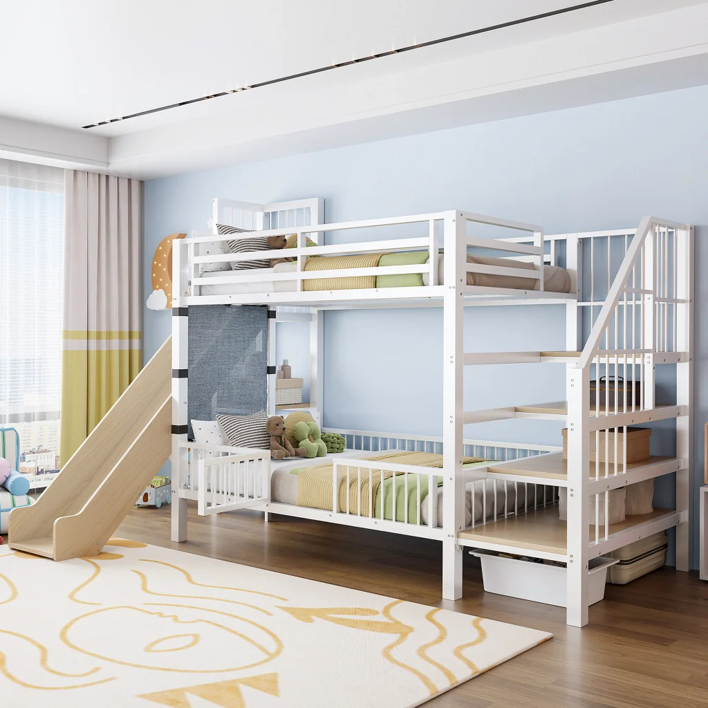 Letto a soppalco in metallo 90*200CM bianco scivolo riporzione scaffali letto per bambini sicuro e che fa risparmiare spazio