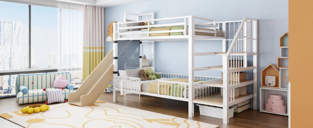 Letto a soppalco in metallo 90*200CM bianco scivolo riporzione scaffali letto per bambini sicuro e che fa risparmiare spazio - Image 10