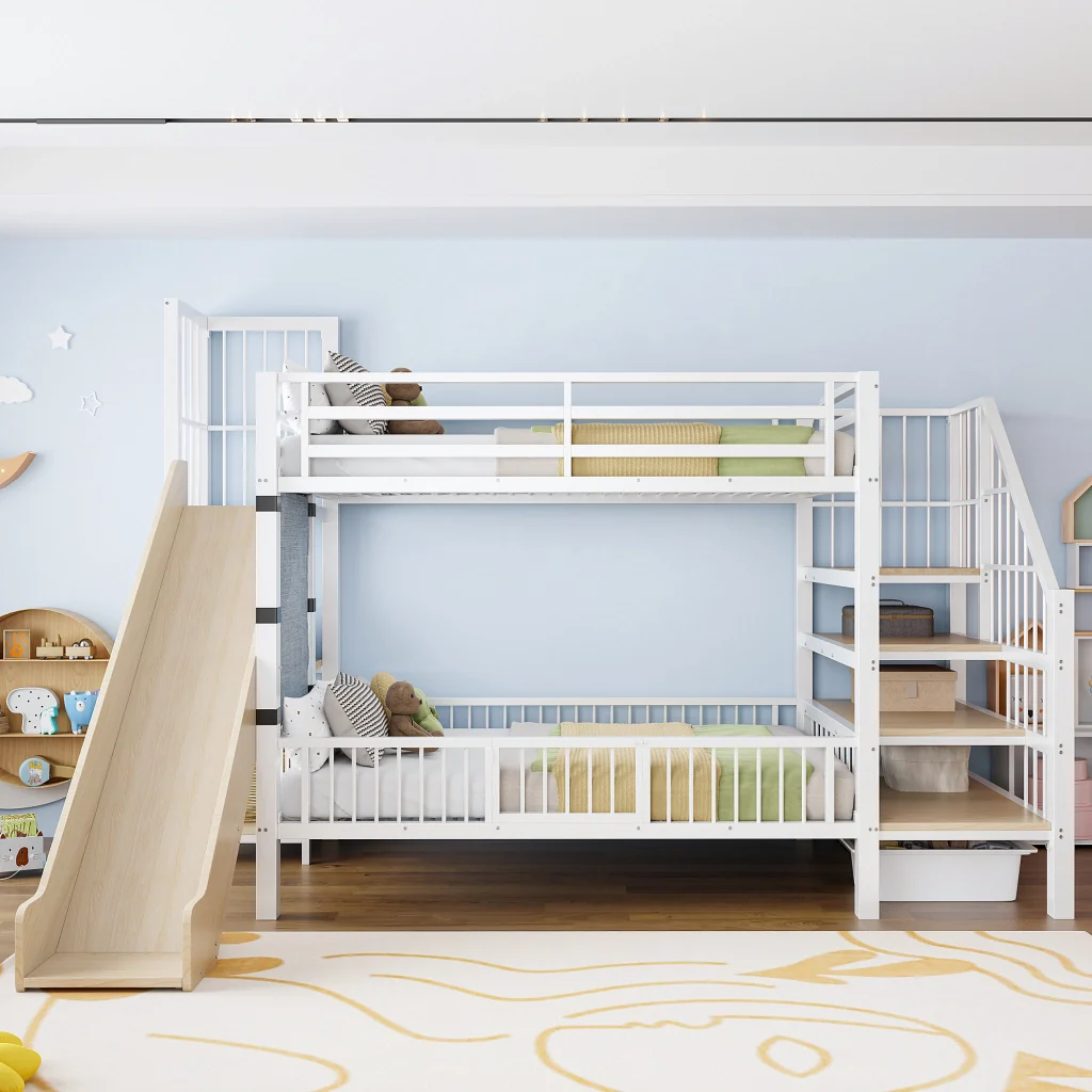 Letto a soppalco in metallo 90*200CM bianco scivolo riporzione scaffali letto per bambini sicuro e che fa risparmiare spazio - Image 2