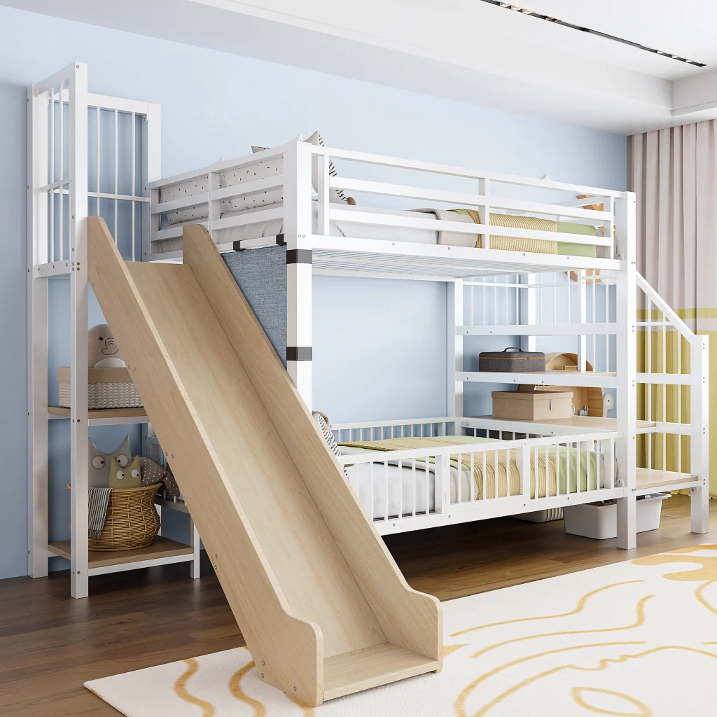 Letto a soppalco in metallo 90*200CM bianco scivolo riporzione scaffali letto per bambini sicuro e che fa risparmiare spazio - Image 3