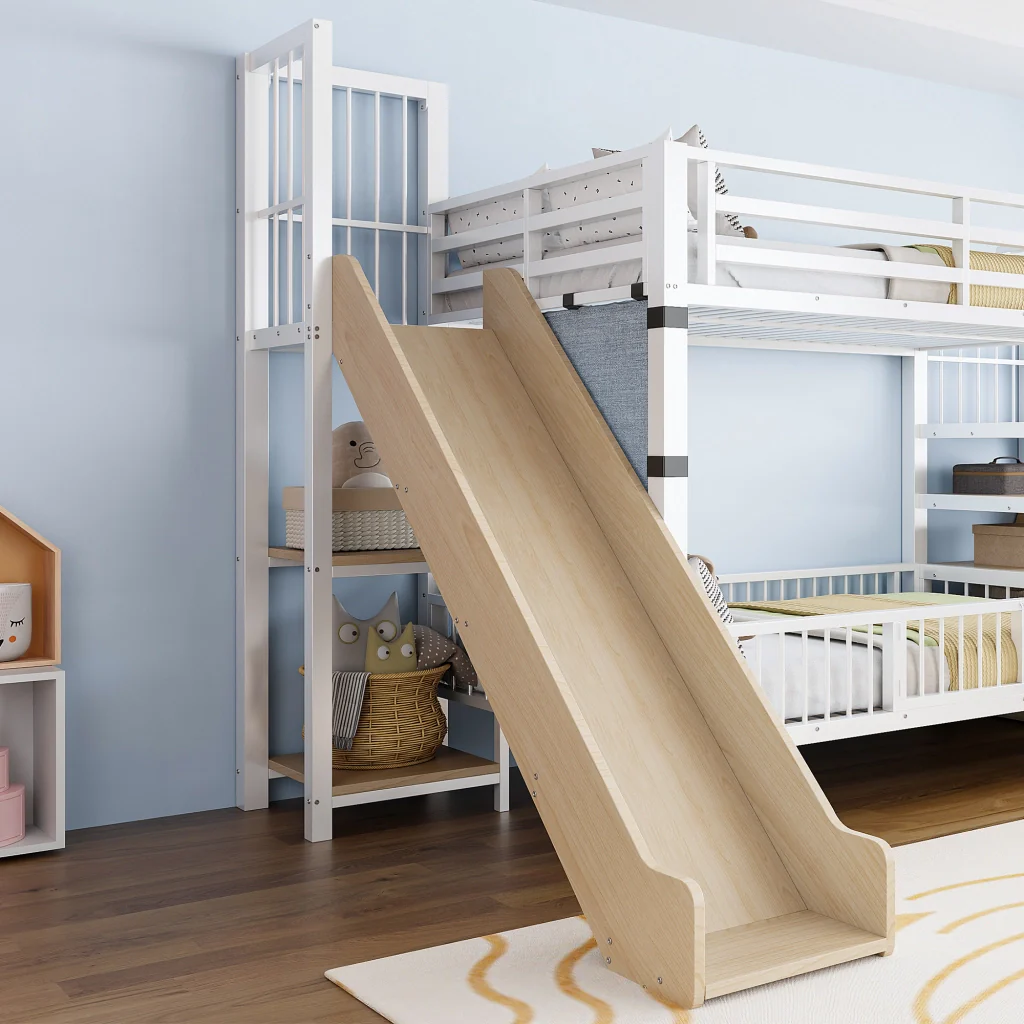 Letto a soppalco in metallo 90*200CM bianco scivolo riporzione scaffali letto per bambini sicuro e che fa risparmiare spazio - Image 4