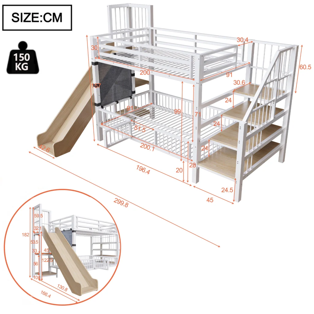 Letto a soppalco in metallo 90*200CM bianco scivolo riporzione scaffali letto per bambini sicuro e che fa risparmiare spazio - Image 5