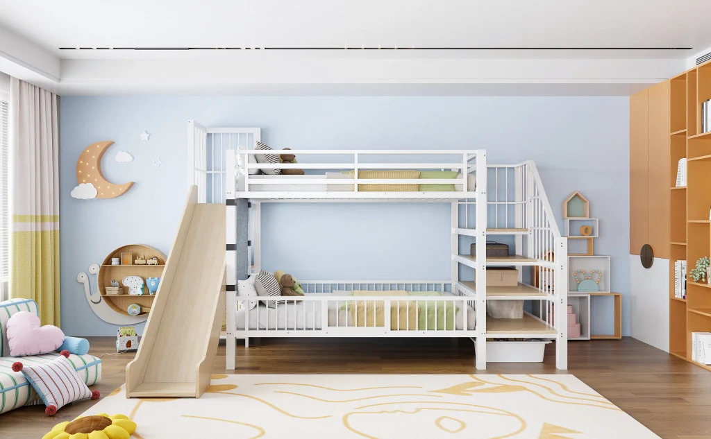Letto a soppalco in metallo 90*200CM bianco scivolo riporzione scaffali letto per bambini sicuro e che fa risparmiare spazio - Image 6