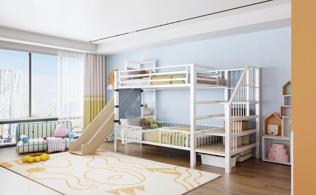 Letto a soppalco in metallo 90*200CM bianco scivolo riporzione scaffali letto per bambini sicuro e che fa risparmiare spazio - Image 7