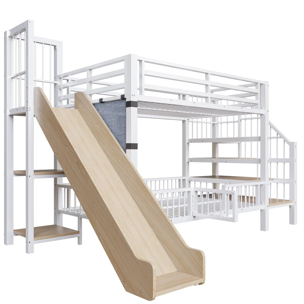 Letto a soppalco in metallo 90*200CM bianco scivolo riporzione scaffali letto per bambini sicuro e che fa risparmiare spazio - Image 8