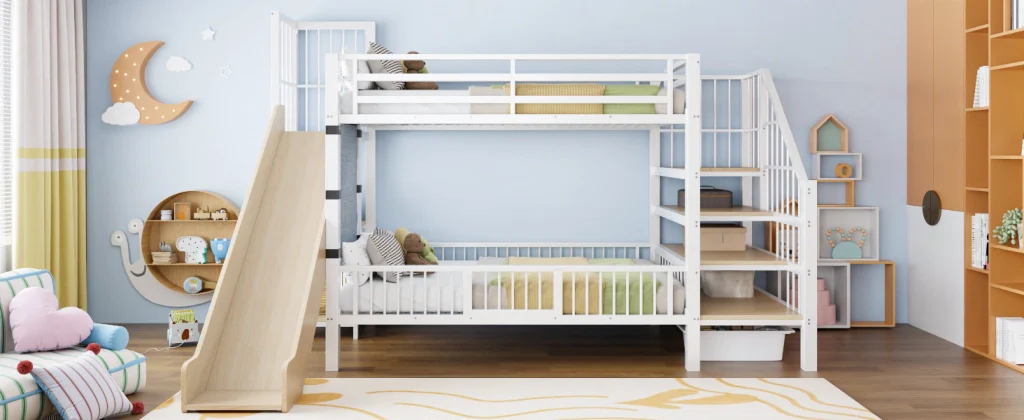 Letto a soppalco in metallo 90*200CM bianco scivolo riporzione scaffali letto per bambini sicuro e che fa risparmiare spazio - Image 9