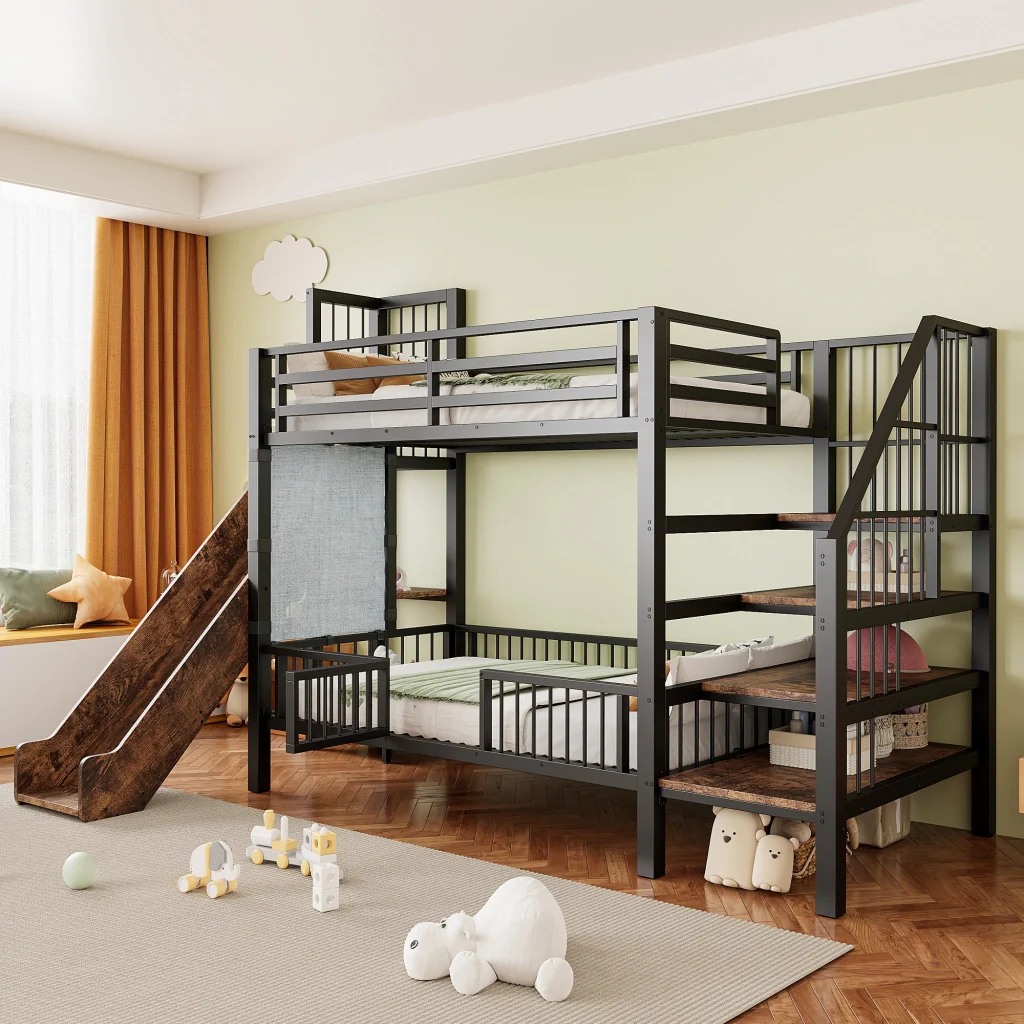 Letto a soppalco in metallo nero 90*200CM mensole scorrevoli per la conservazione telaio sicuro Letto per bambini risparmio spazio