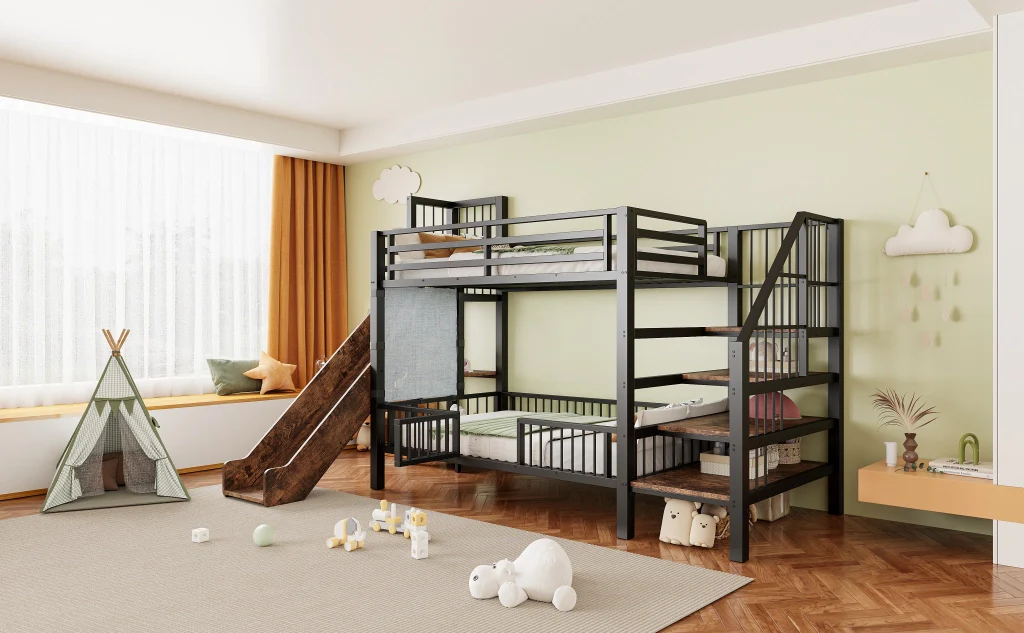Letto a soppalco in metallo nero 90*200CM mensole scorrevoli per la conservazione telaio sicuro Letto per bambini risparmio spazio - Image 10