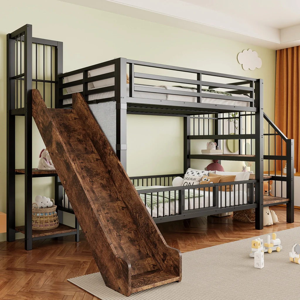 Letto a soppalco in metallo nero 90*200CM mensole scorrevoli per la conservazione telaio sicuro Letto per bambini risparmio spazio - Image 2