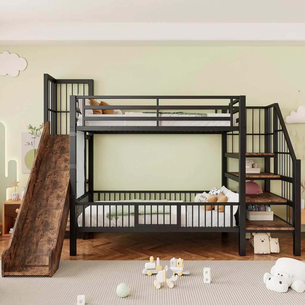 Letto a soppalco in metallo nero 90*200CM mensole scorrevoli per la conservazione telaio sicuro Letto per bambini risparmio spazio - Image 3