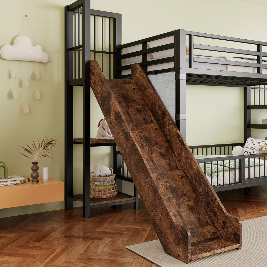 Letto a soppalco in metallo nero 90*200CM mensole scorrevoli per la conservazione telaio sicuro Letto per bambini risparmio spazio - Image 4
