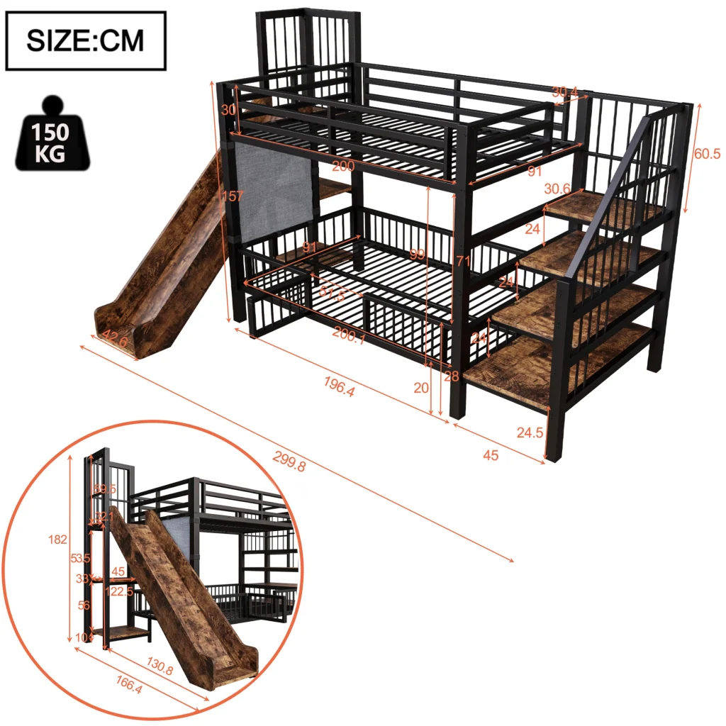 Letto a soppalco in metallo nero 90*200CM mensole scorrevoli per la conservazione telaio sicuro Letto per bambini risparmio spazio - Image 5