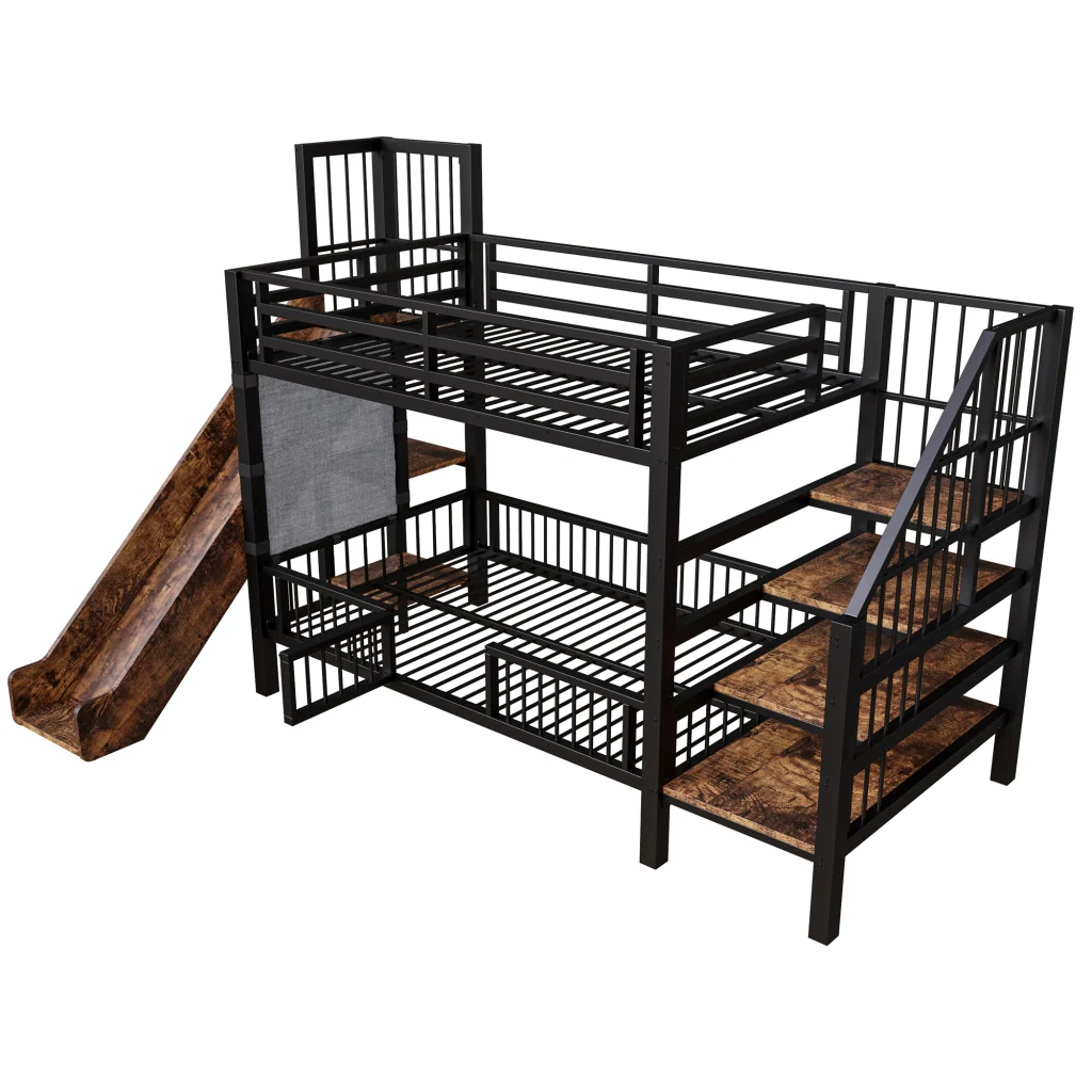 Letto a soppalco in metallo nero 90*200CM mensole scorrevoli per la conservazione telaio sicuro Letto per bambini risparmio spazio - Image 6
