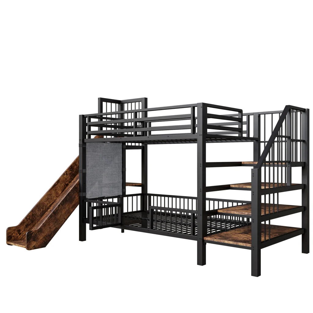 Letto a soppalco in metallo nero 90*200CM mensole scorrevoli per la conservazione telaio sicuro Letto per bambini risparmio spazio - Image 7
